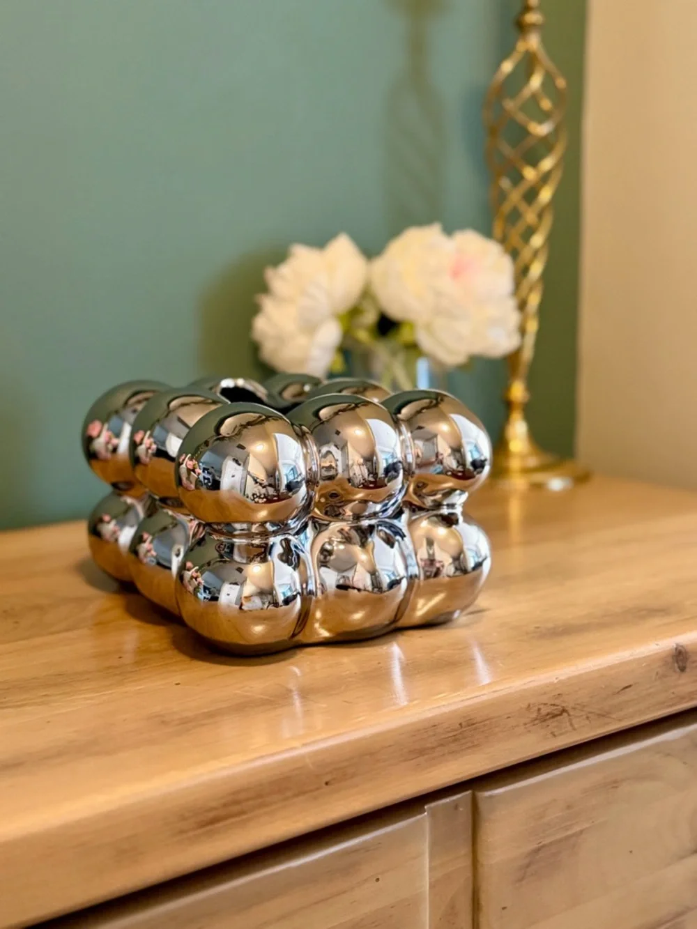 Chrome Bubble Tissue Box Cover Sculptural Silver Modern Decor - Picture 4 of 9